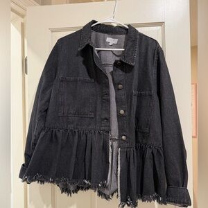 Mud Pie Black Denim Peplum Jacket with Frayed Hem